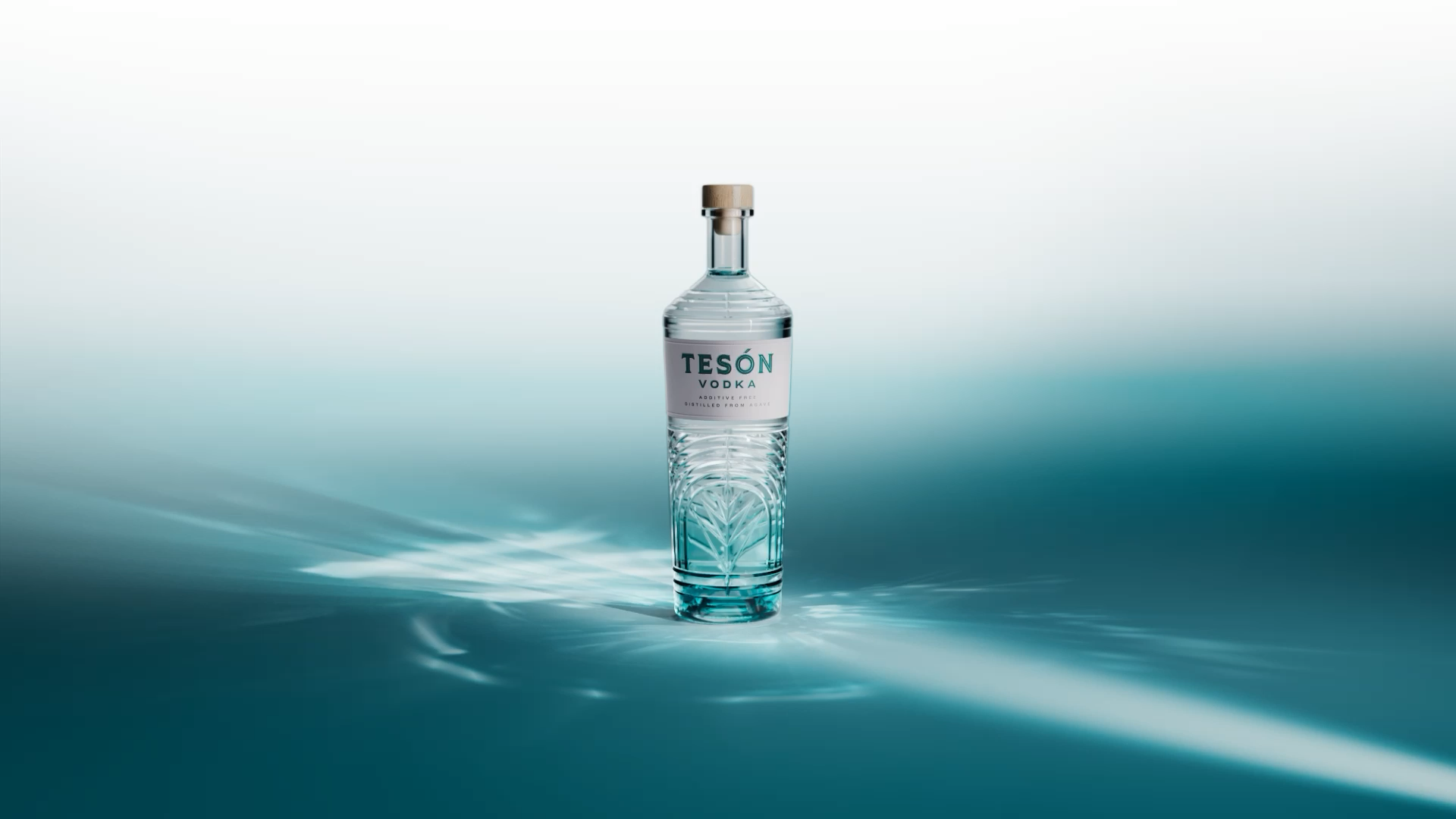 Tesón Vodka bottle centered with aqua water background